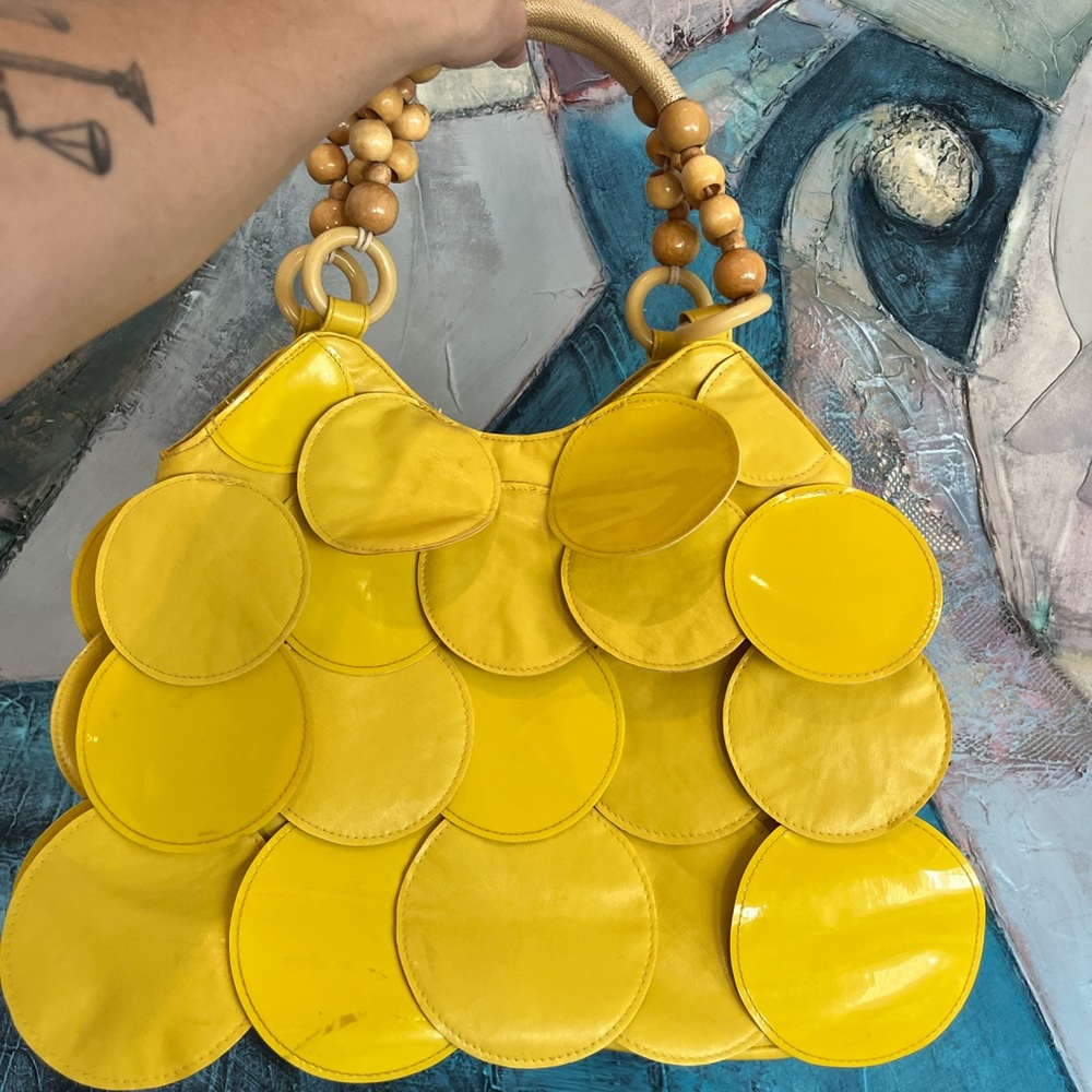 Vibrant Yellow Textured Shoulder Bag with Beaded Handle